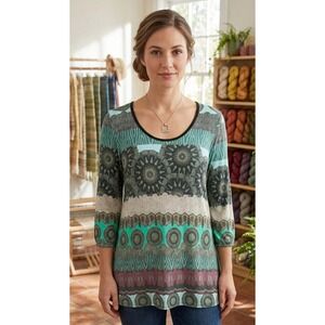 Salaam Geometric 3/4 Sleeve Cutout Scoop Neck Top Size M Stretch USA Retro Tunic